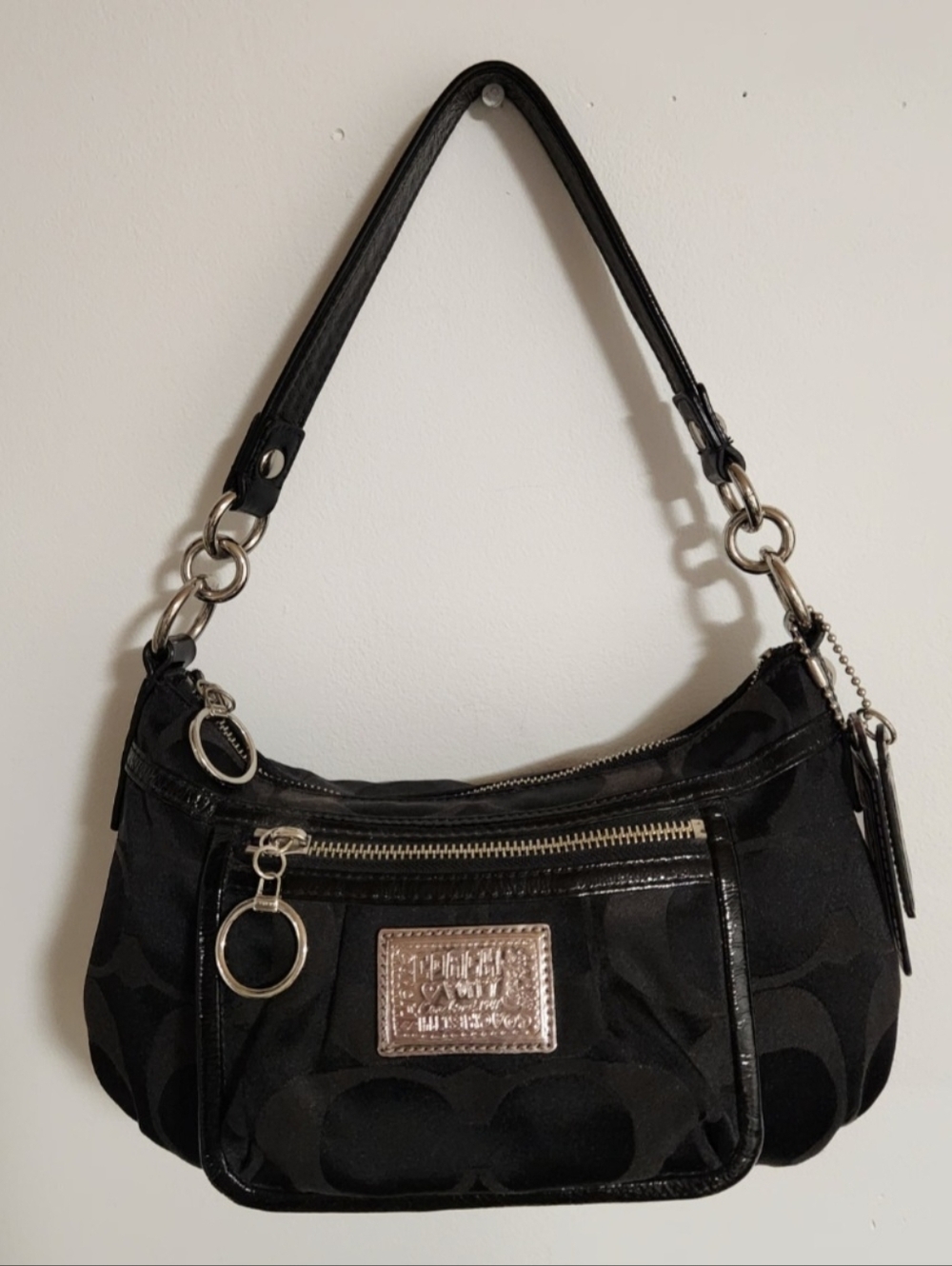 Coach Y2K Poppy Shoulder Bag C Monogram Canvas Patent Leather Authentic Black